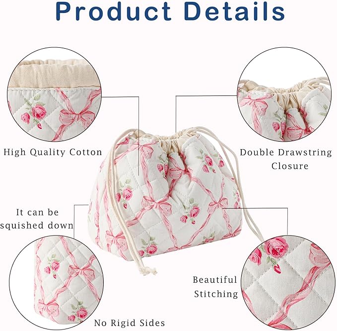 uekeboag Cotton Quilted Drawstring Makeup Bag with Canvas Lining,Coquette Aesthetic Cute Travel Toiletry Bag,Drawstring Gift Bag for Women and Girls（03Pink Bows）