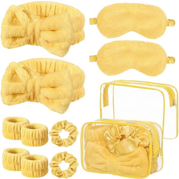 Hoteam 10 Pcs Spa Party Supplies Gift Set Sleepover Party Favor Spa Headband Wristband Sleep Eye Mask Velvet Scrunchies for Skin Care Makeup Slumber Night Favor(Yellow)