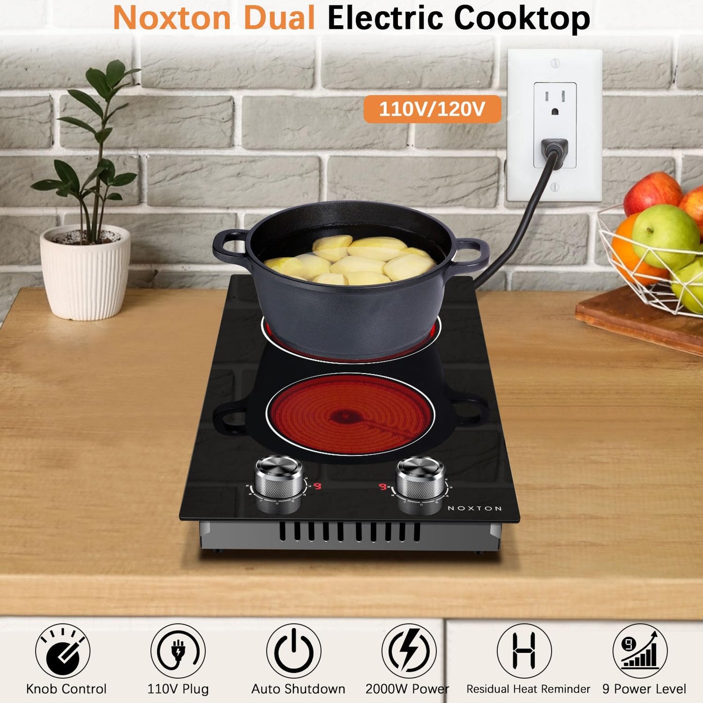 Noxton 24 Inch Electric Cooktop 4 Burners, Built in Electric stove top, Sensor Touch Ceramic Cooktop with Safety Lock, Timer, 6000W 240V (No Plug)