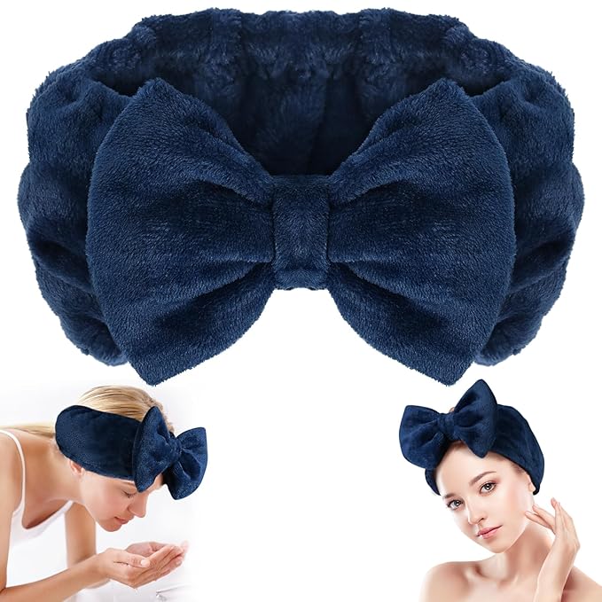 Shintop Face Wash Headband, Soft Spa Headband Carol Fleece Makeup Headwear with Cute Bow Elastic Hairband for Skincare Facial Mask ShowersÃ¯Â¼ÂNavy blueÃ¯Â¼Â