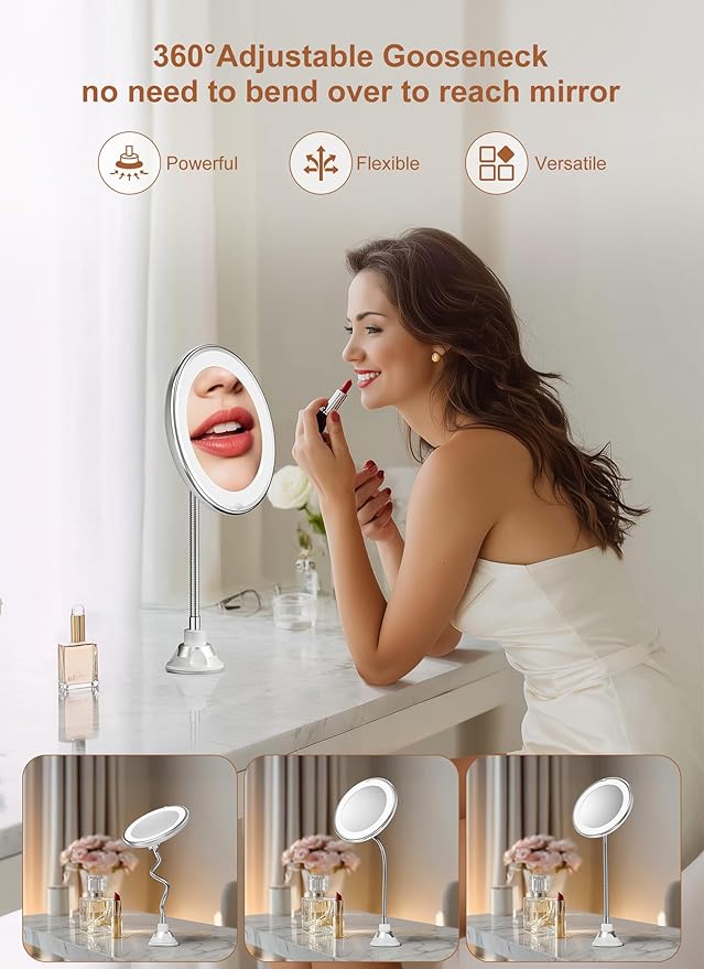 Brightown 10x Magnifying Mirror with Light, Flexible Gooseneck Make up Mirror with Lights and Magnification, Battery Operated Cordless with Suction Cups for Wall Bathroom Silver 1 Lighting