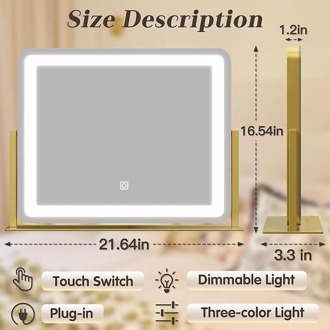 ROLOVE Gold Vanity Mirror with Lights - Smart Touch Dimming, 3-Color Lighting, 360° Rotatable Desktop Makeup Mirror for Desk, 22"x17"