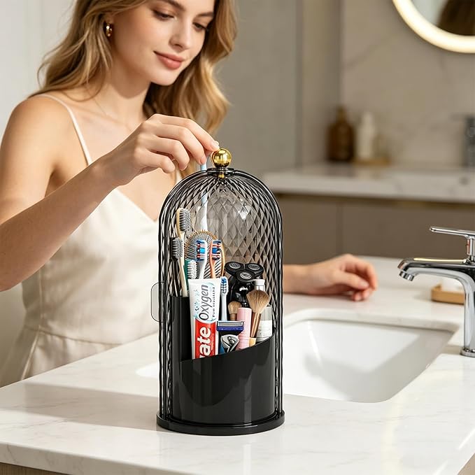 Dustproof Toothbrush Holder with Lid, 360 Rotating Countertop Electric Toothbrush Toothpaste Holders with Cover for Bathroom, 3 Slots Makeup Brush Holder with Lid for Vanity, Black