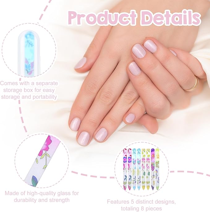 8 PCS Glass Nail Files with Cases, Double Sided Crystal Fingernail Files Colorful Floral Nails File Buffers Nails Care Nail File Mixed Color Manicure Set for Women, Christmas Gifts Stocking Stuffers