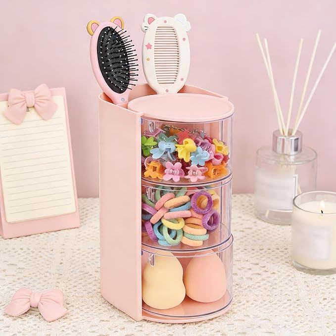 Hair Accessories Organizer for with Hair Brush Holder, Divided Rotatable Makeup Easy Organization of Hair Clips, Rings, Earrings, Makeup Brushes, Hair Clip and Hair Accessories (Pink, 3-Layer)