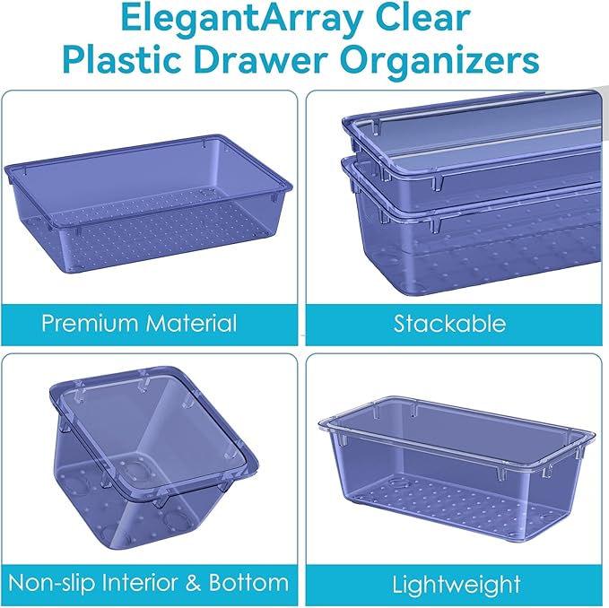 12 PCS Drawer Organizer Set, 4 Sizes Tool Storage Trays, Clear Plastic Makeup Vanity Organizer and Storage Bins for Stationeries, Multiple Gadgets for Office, Bedroom, Navy Blue