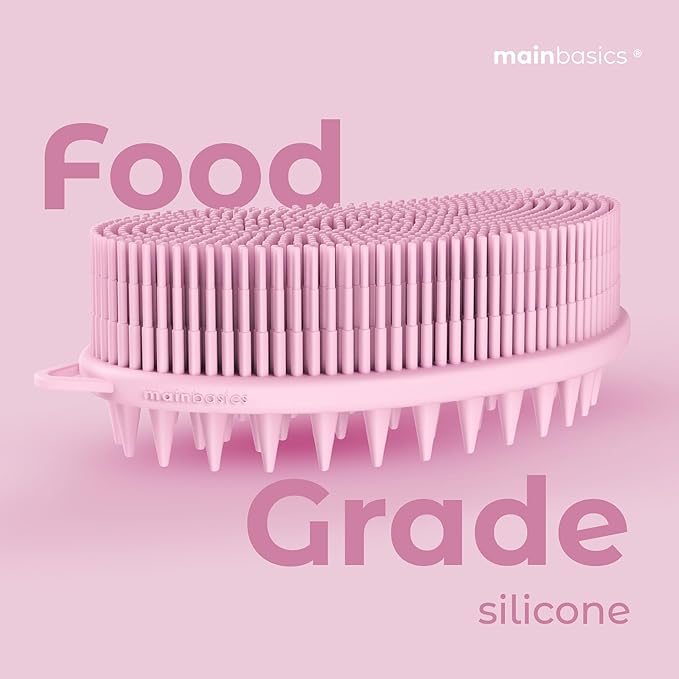 MainBasics Silicone Body Scrubber Dual-Sided Shower Loofah and Scalp Scrubber (Pink, Scalp)