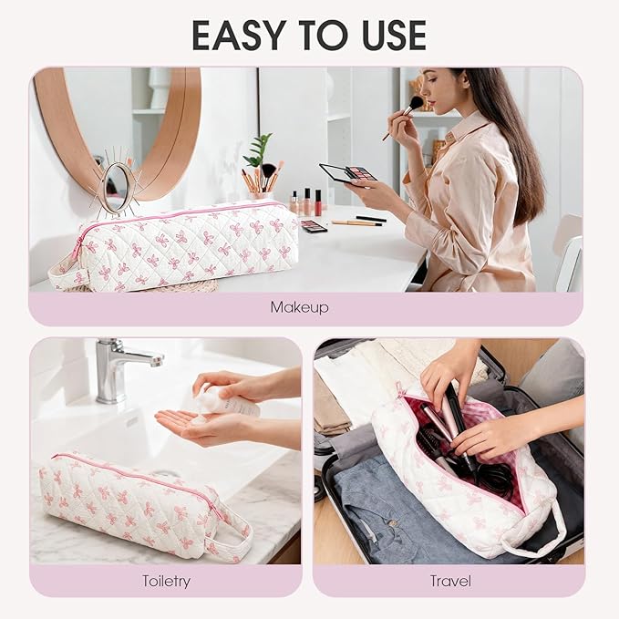 2PCS Portable Quilted Hair Tools Travel Bag for Curling Irons, Flat Irons, Hair Dryers & Styling Tools, Cosmetic Bag, Travel Case for Dyson, Shark Airwrap, Revlon, Pink Bow&Leopard