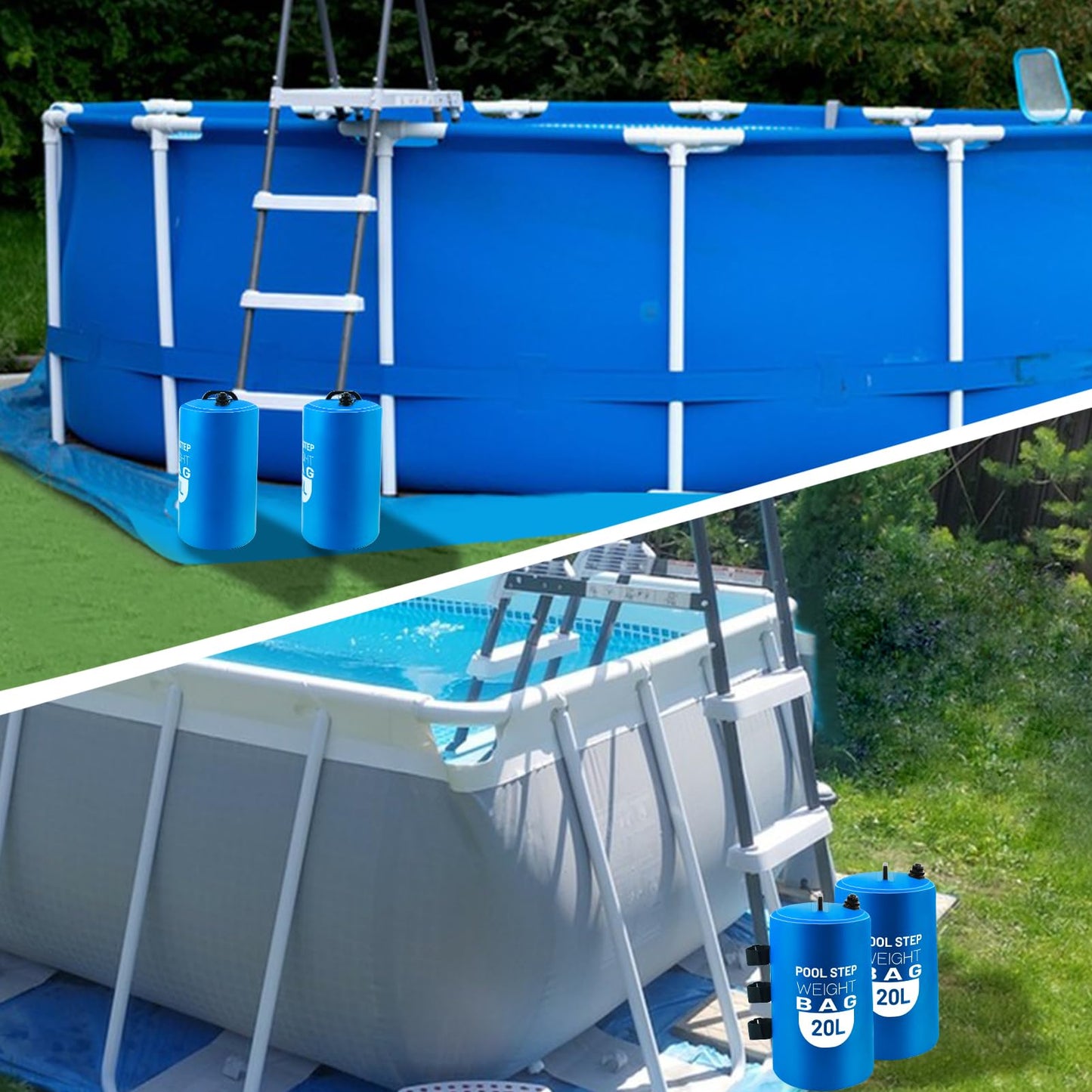 2PCS Pool Ladder Weights 20L/50lb Universal Pool Step Weights Sand Bag Waterproof 500D PVC Heavy Duty Swimming Pool Stair Weights for Above Ground and Inside Pool with 2 Handles and 1 Funnel Blue