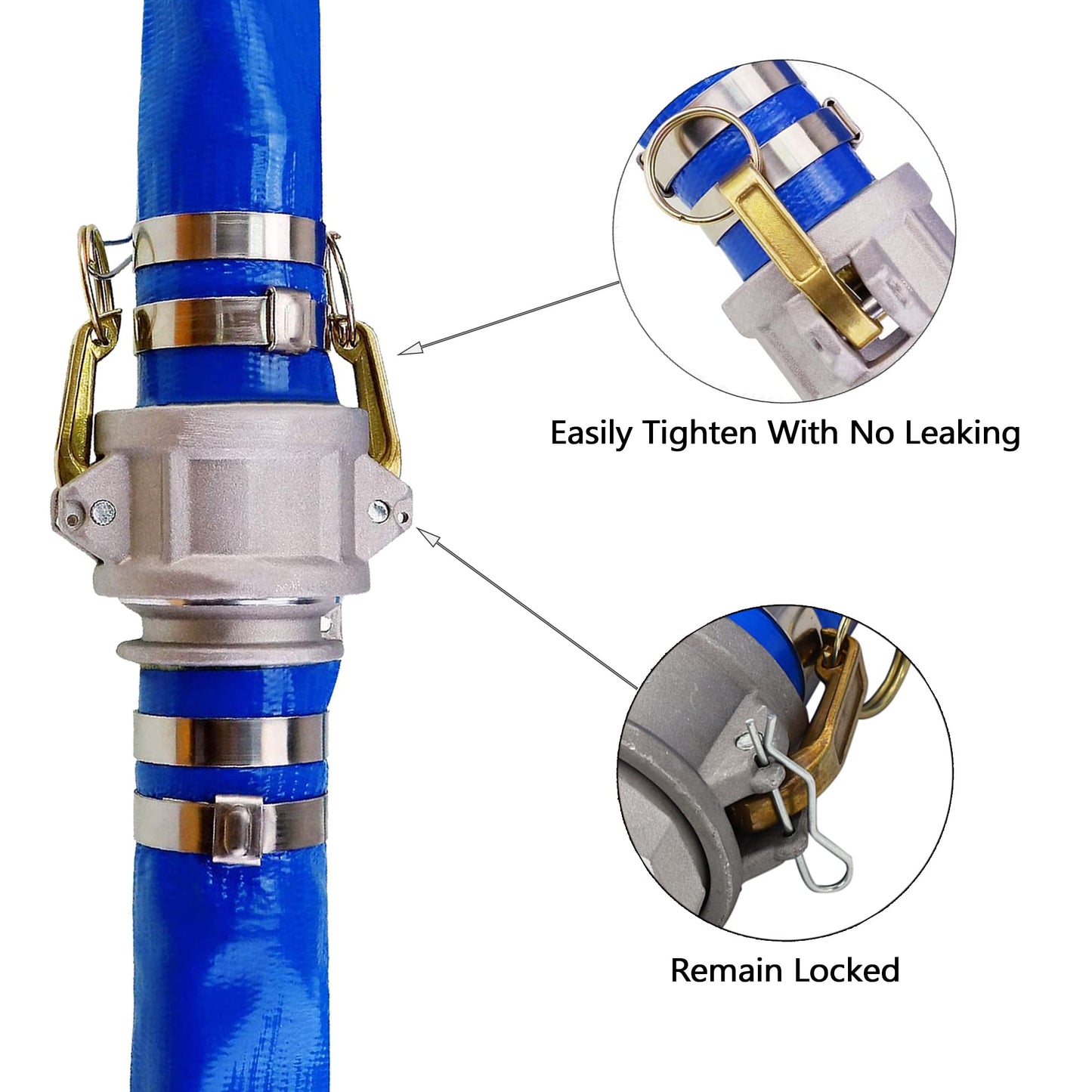 DAVCO 2" ID × 25 ft Pool Backwash Hose, Heavy Duty Reinforced Blue PVC Lay Flat Water Discharge Pump Hoses For Swimming Drain Pools and Clean Filters, with Aluminum Camlock C and E Fittings