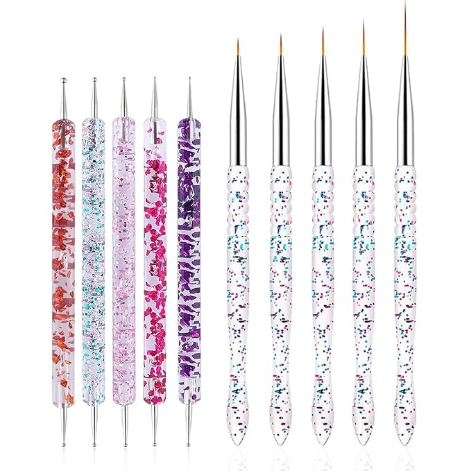 Nail Dotting Tools 10 Pcs Kit - 5 pcs Double-end Nail Dotting tools and 5 Pcs Nail Art Liner Painting Brushes