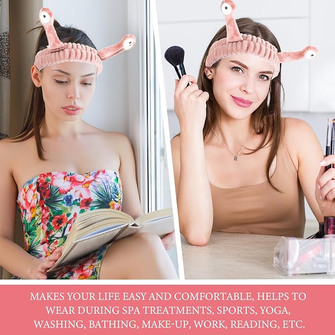 Spa Headband Facial Makeup Head Band Microfiber Soft Coral Fleece Head Wraps Snail Cartoon Cute Hair Accessories Elastic Skincare Hair Band for Women Girls Washing Face Beauty (Pink)