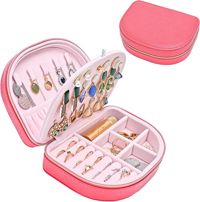 ProCase Travel Size Jewelry Box, Medium Portable Seashell-Shaped Jewelry Case, 2 Layer Jewelry Organizer in PU Leather for Women -Melon Pink