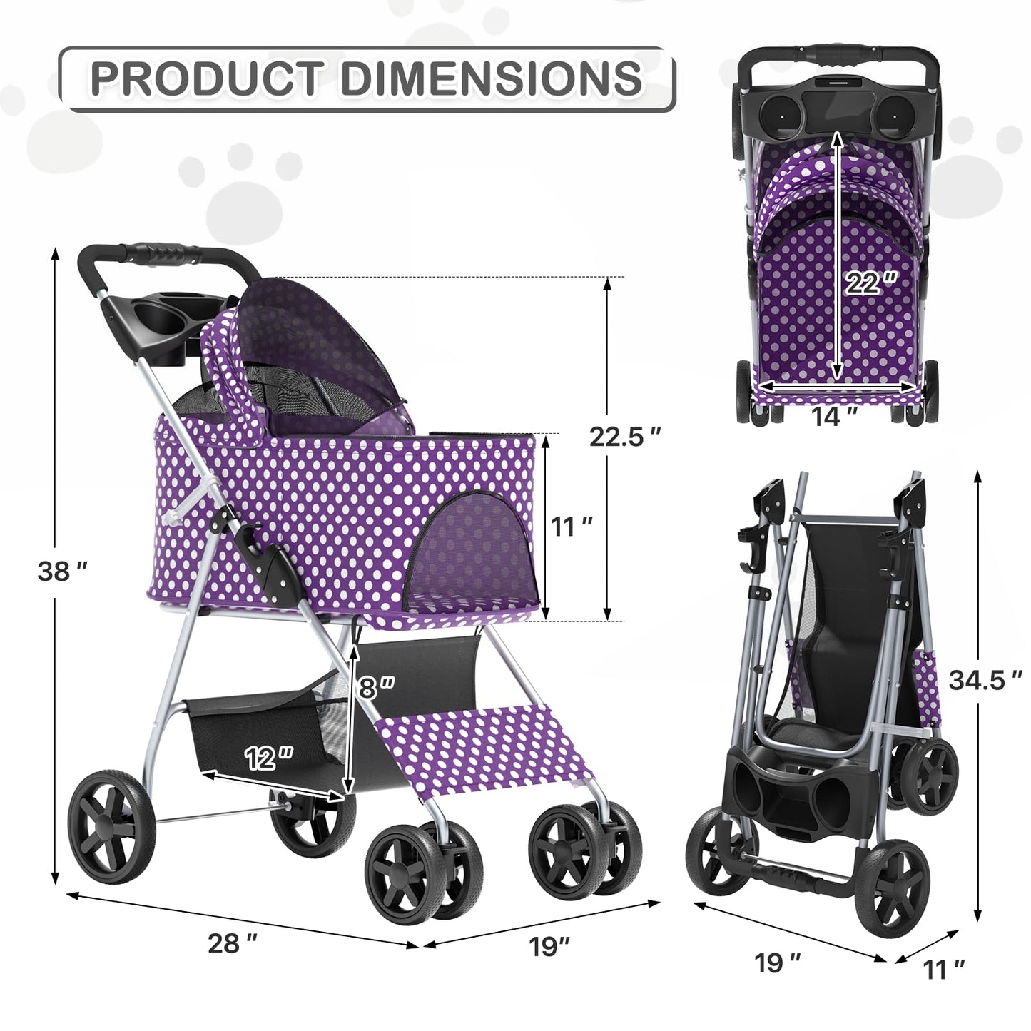 MoNiBloom 3 in 1 Foldable Pet Stroller for Small & Medium Dogs, Detachable Carrier, Car Seat, Push Button Entry, 4-Wheel Jogger for Pets up to 33 lbs, Purple Polka Dots