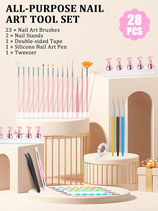 Nail Art Tools Set, Nail Stand for Press on Holder for Painting Nails, Nail Art Brushes, Liner Brushes, Nail Dotting Tool, Must Haves Design Tools Supplies Kit for Nail Tech & Beginners (Pink)