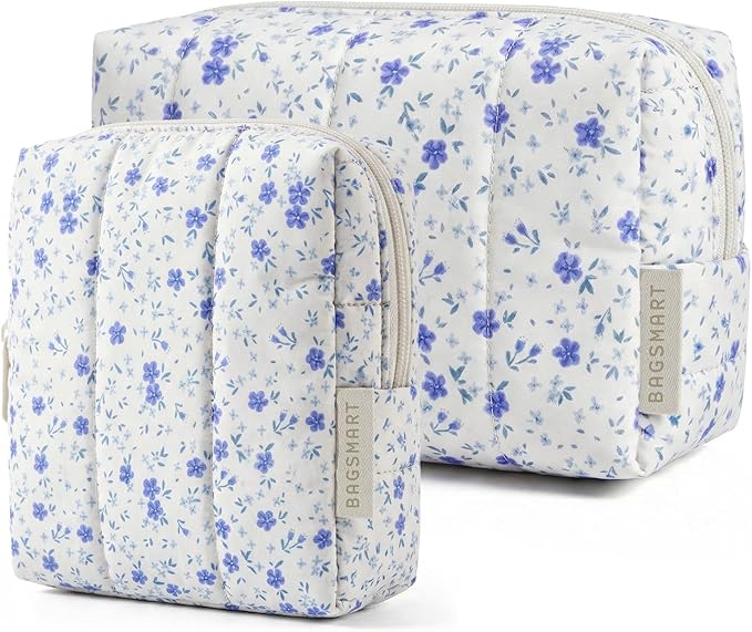 BAGSMART Makeup Bag Duo Set, Puffy Padded Travel Cosmetic Organizer with Slip-in Pockets, Large Toiletry Bag & Small Purse Pouch, Travel Essentials for Women, Blue Ditsy Floral