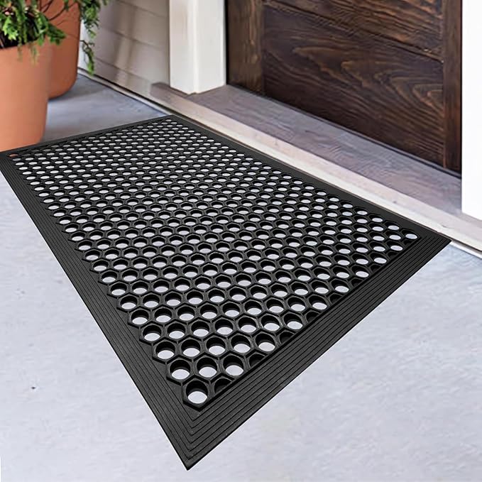 BEHERO Rubber Outdoor Mat, 47 x 32 inches Anti Fatigue Rubber Floor Mats, Non-Slip Front Door Mats Entrance, Heavy Duty Pool Mat Outside for Entryway, Garage Doormat Waterproof, Black