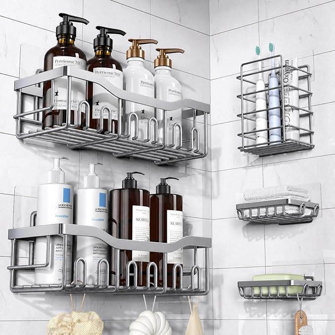 EUDELE 5-Pack Rustproof Stainless Steel Shower Caddy Ã¢ÂÂ No Drill Adhesive Bathroom Organizer with Large Capacity, Spacious Shower Shelves for Inside Shower, Kitchen & Home Decor Storage-XL Size