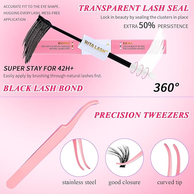 Lash Clusters Kit Eyelash Clusters Kit 4 Boxes+1 Colorful Cluster Eyelash Extensions PestaÃÂ±as Postizas Naturales with Lash Bond and Seal*2,Remover*2,Tweezers*2,Mascara Brush*2(13 Counts Lash Kit-4)