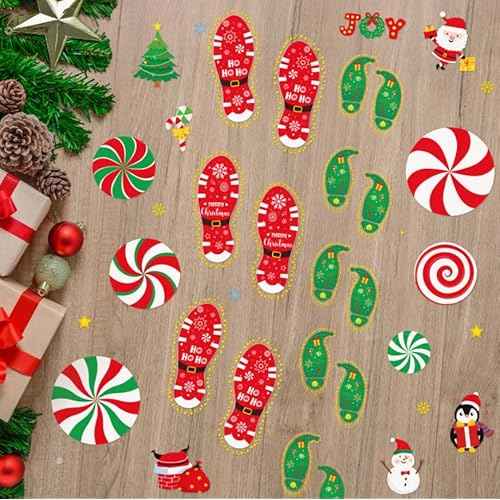 Christmas Peppermint Floor Decals Footprints Stickers 264 Pieces - Wall Decal for Candy Land Party Decorations, Xmas Candy Stickers for Classroom, Living Room, Home Office Decor