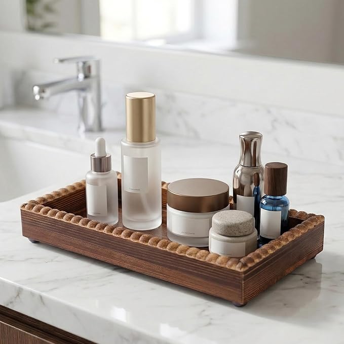 Bathroom Counter Organizer Tray, Wooden Countertop Vanity Trays with Beaded Edge, Farmhouse Decorative Tray Stand for Toilet Tank Candle Sink Kitchen Coffee Bar