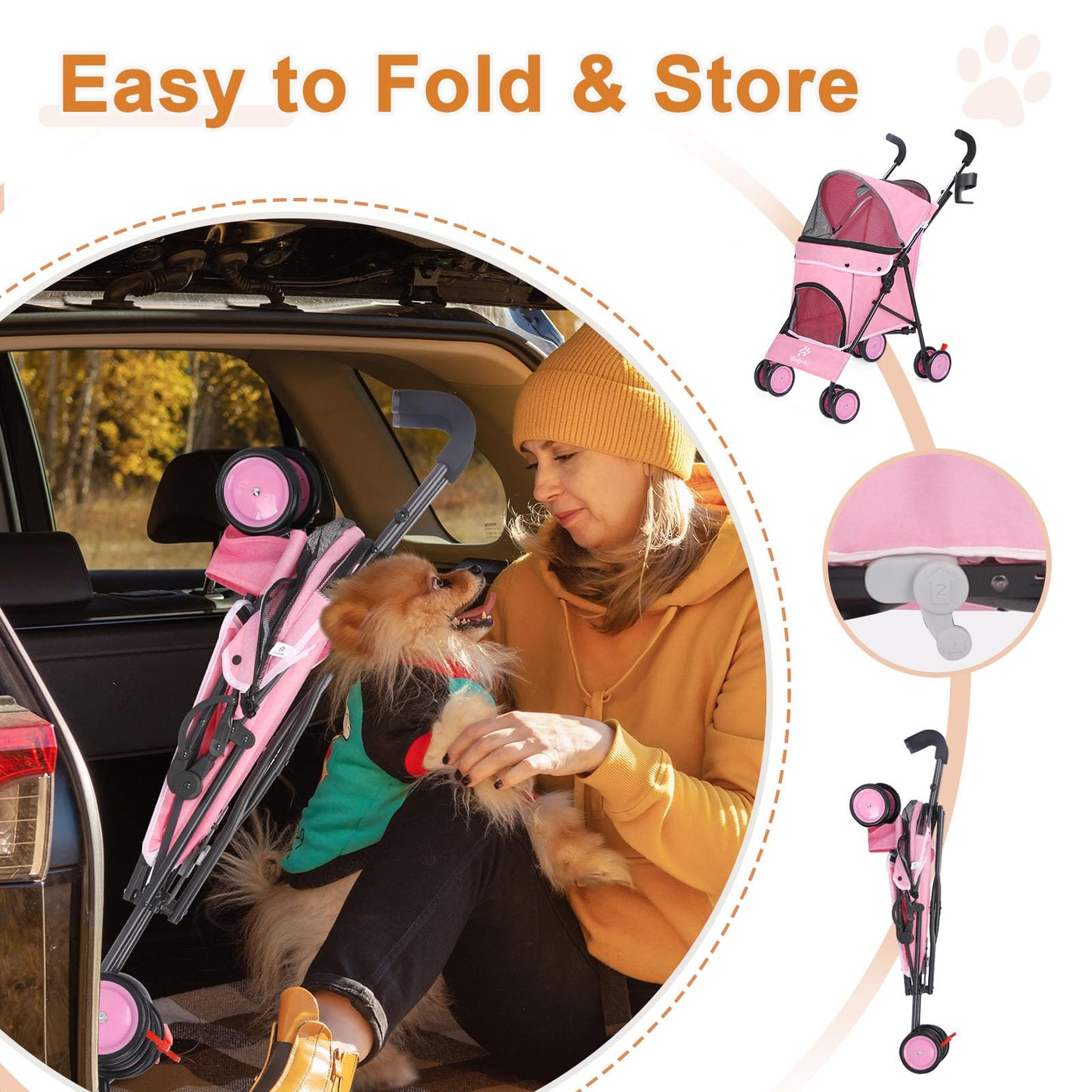 Umbrella Dog Stroller, 4 Wheels Pet Strolling, Foldable Carrier Pet Stroller for Small Dogs Cats, with Carrying Strap and Cup Holder, Dog Poop Bags & Dispenser, Up to 33 lbs, Pink