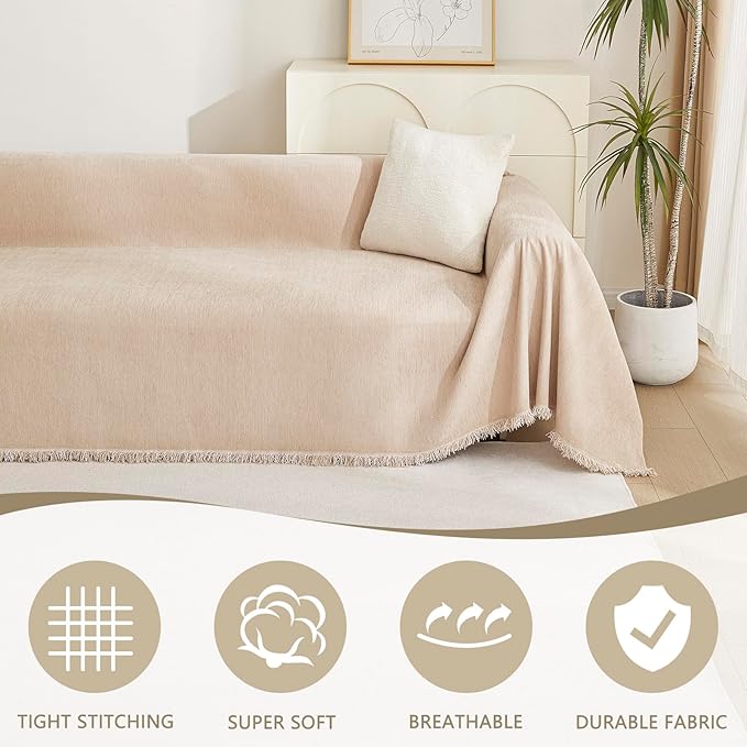 MYSKY HOME Dog Sofa Covers Khaki L-Shaped Sofa Slipcovers, Loveseat Couch Cushion Cover Tassel Edge, 91"x 118