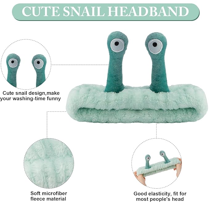 SuPoo Green Snail Face Wash Headband - Funny Skincare Spa Headband, Cute Alien Puffy Makeup Headbands for Women with Stretchy Antenna Eyes Hair Wrap