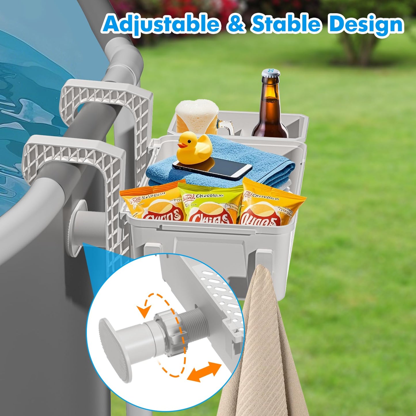 Poolside Storage Basket 2 Pack - Above Ground Pool Accessories, Swimming Pool Storage Baskets with Cup Holders,Fits 3” or Smaller Top Rails,Versatile Organizer for Pool Toys,Towels,Beverages (Beige)