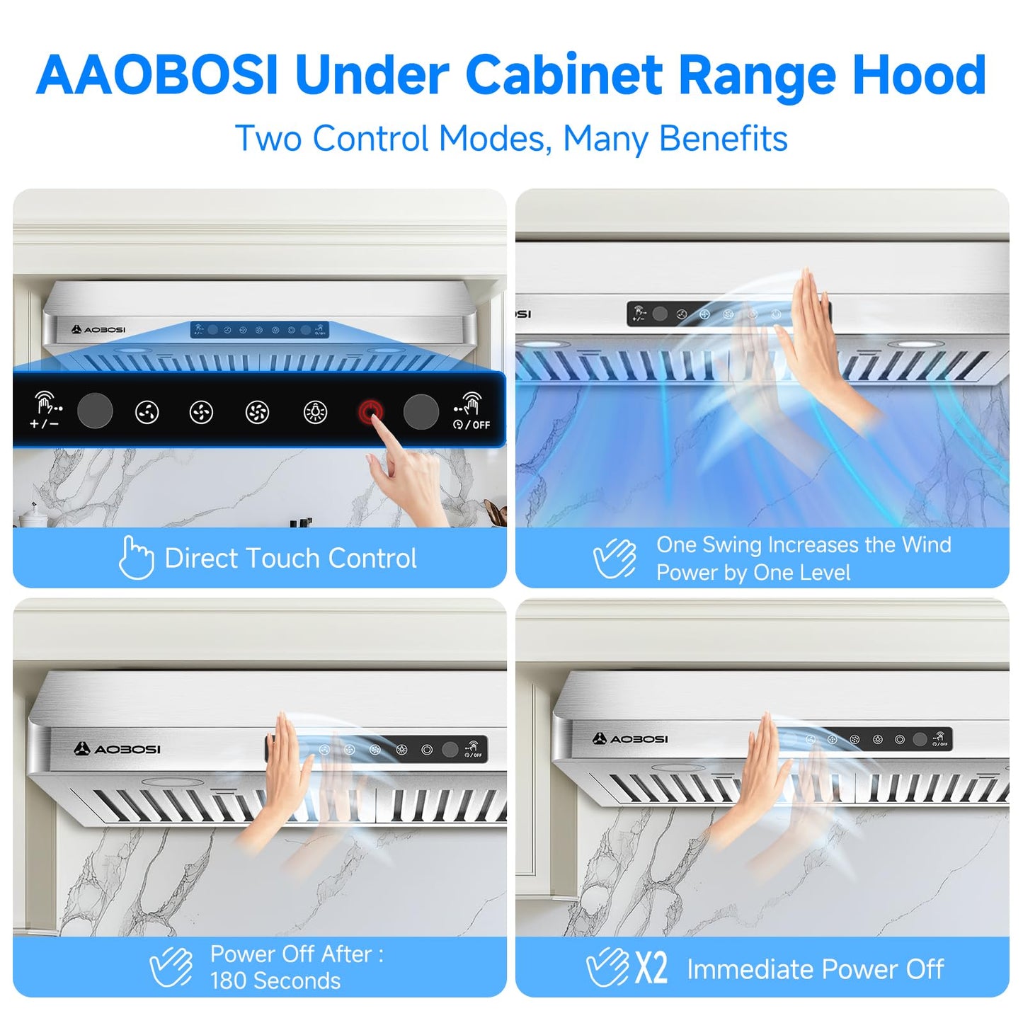 AAOBOSI Range Hood 30 inch Under Cabinet, (Upgraded)800-CFM Gesture Sensing/Touch Control/Motor,3 Speed Range Hood with LED Lights Exhaust Fan, Stainless Steel Kitchen Vent Hood