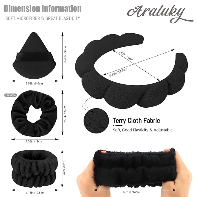 7Pc Headband and Wristband Set for Skincare, Face Washing, Makeup Removal - Includes Terry Cloth Headbands, Facial Sponges, and Powder Puffs in Black