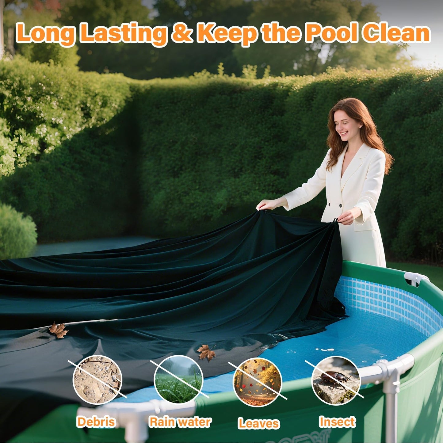 SAFANA 10FT Pool Covers for Above Ground Pools, Round Swimming Pool Cover [Upgrade 420D Thicker] Protective Leaf Cover with Reflective Strip, Tear Resistant Durability Fabric, UV Resistance, Black