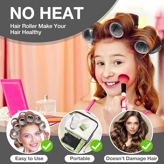 66 Pcs Hair Rollers for Women, Rollers Hair Curlers, 24 Pcs in 4 Sizes(60/48/36/25 Mm) with 40 Stainless Steel Clips, Self Grip Holding Rollers for Hair, Long, Medium, Short, Storage Bag, Comb