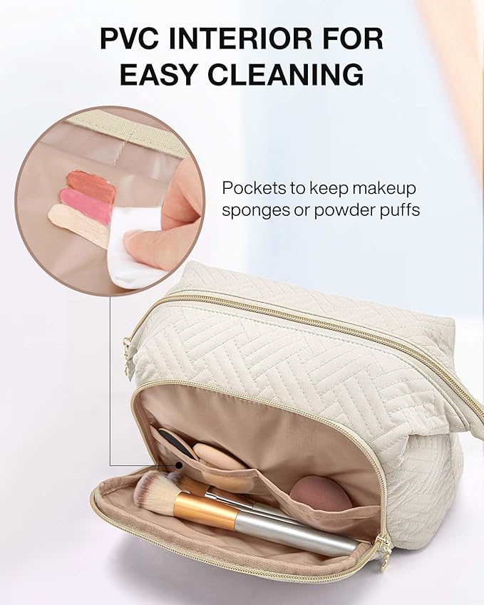 BAGSMART Travel Makeup Bag, Cosmetic Bag Small Make Up Organizer Case,Wide-open Pouch for Women Purse for Toiletries Accessories Brushes,Small Beige