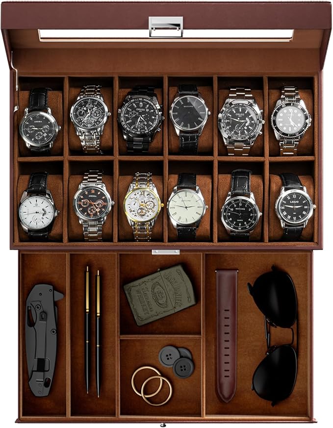 ProCase Watch Box, 12 Slot Mens Watch Case With Drawer, 2-Layer Watch Display Case With Glass Lid, Mens Jewelry Box Storage Holder Organizer, Birthday Valentine Gifts for Men -12Slot, Espresso