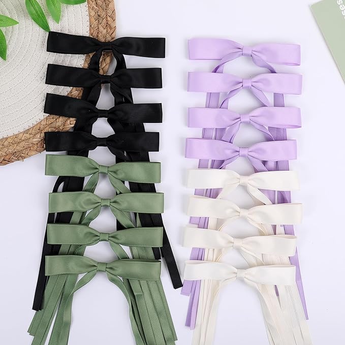 Hair Bows Clips Coquette Ribbon Bowknot with Long Tail Princess Hair Bows French Barrettes Hair Accessories for Women Girls 16PCS (Cream, Green, Purple, Black)