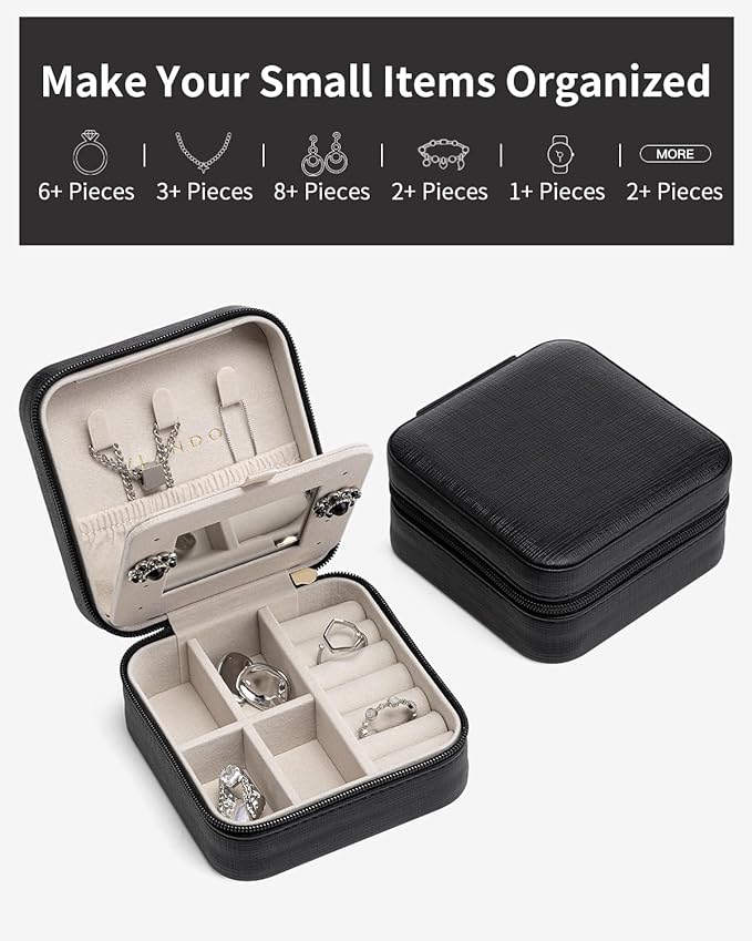 VLANDO Travel Jewelry Case, Mothers Day Mom Gifts, Small Jewelry Travel Organizer Box for Girls Women with Mirror Black
