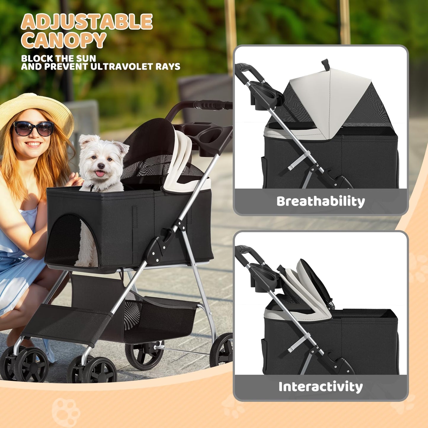 Magshion Foldable Pet Stroller, 3-in-1 Dog Travel Jogger with Detachable Carrier, Cup Holder, Storage Basket, Folding Carrier for Small/Medium Dogs & Cats Up to 33 lbs, Black