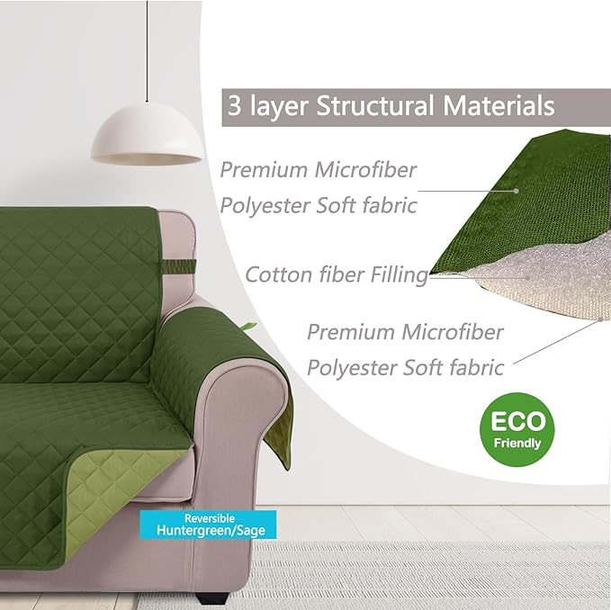 U-NICE HOME Recliner Chair Covers Reversible Chair Cover Pet Covers for Dogs with Elastic Straps Water Resistant Diamond Quilted (23''Armchair, Huntergreen/Sage)