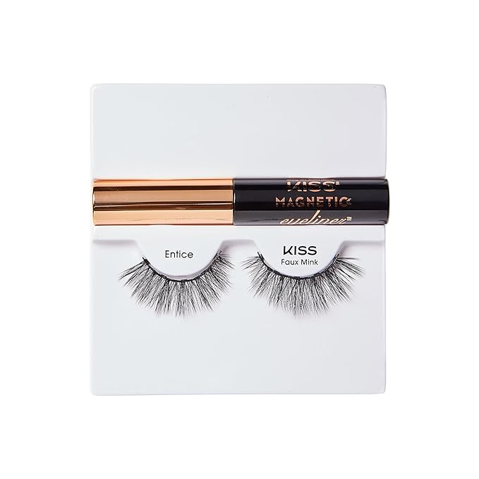 KISS Magnetic False Eyelashes and Eyeliner, ‘Entice’, 12mm, Easy to Apply, Reusable, No Glue, Flexiband Technology, Precision Felt Tip, Fortified Formula, 1 Pair Strip Lashes