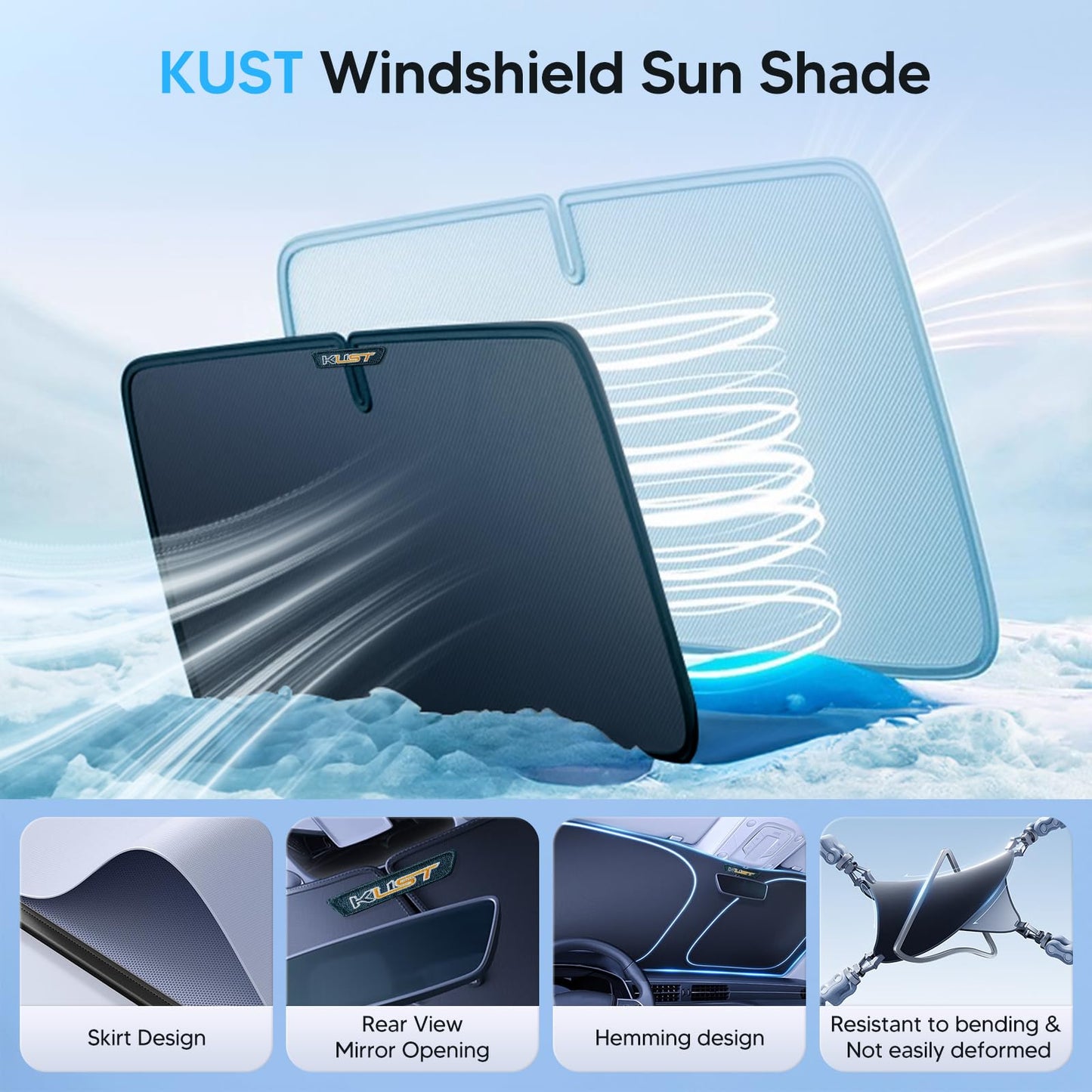 KUST Windshield Sun Shade for 2017-2026 Tesla Model Y/Model 3 Sunshade Accessories (Fit 2025-2026 Model Y Juniper / 2024 Model 3 Highland) Upgraded Foldable Sunshade, Blocks UV Rays Keep Car Cool