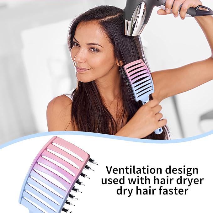 Detangling Brush Boar Bristles Hair Brush for Adult & Kids Wet or Dry Hair,Curved and Vented Detangler Brush - Adds Shine and Makes Hair Smooth(Blue)