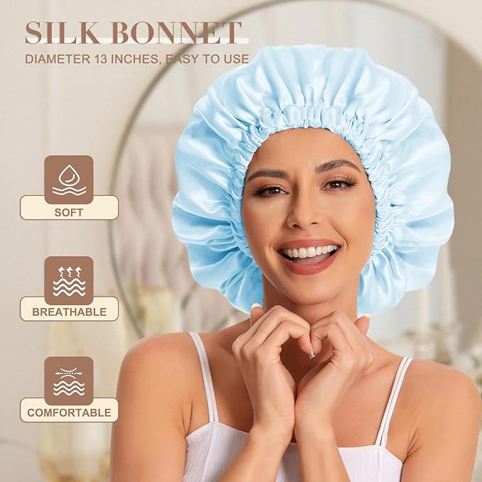 Satin Bonnet Silk Bonnet Hair Bonnet for Sleeping-Slouchy Beanie Hat Satin Sleep Cap for Women's Natural & Curly Hair(Blue)