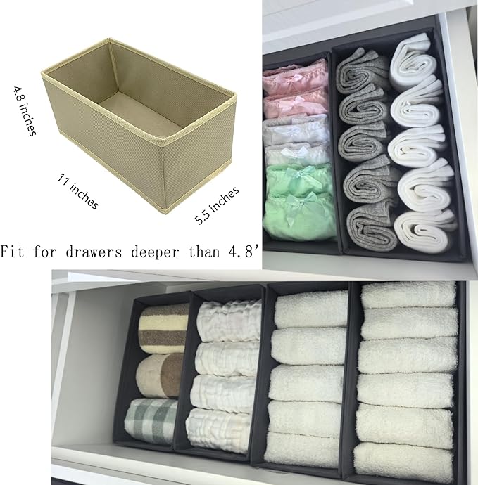 Sock Drawer Organizer 3 Pack - Collapsible Fabric Storage Bins for Underwear Divider, Small Closet Organizers with 3 Compartments, Khaki