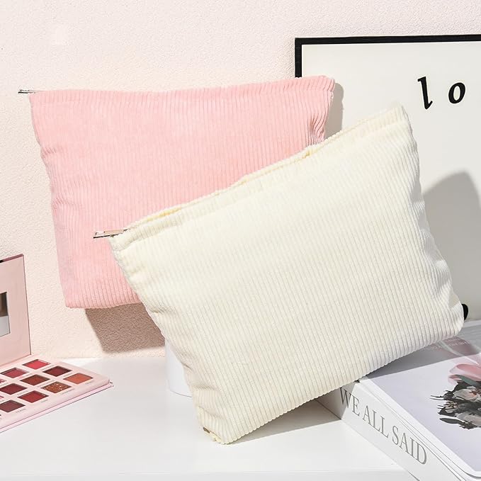 SOIDRAM 2 Pieces Corduroy Makeup Bag Large Corduroy Cosmetic Bag Capacity Canvas Travel Toiletry Bag Organizer Cute Makeup Brushes Aesthetic Accessories Storage Bag for Women, Corduroy L White Pink