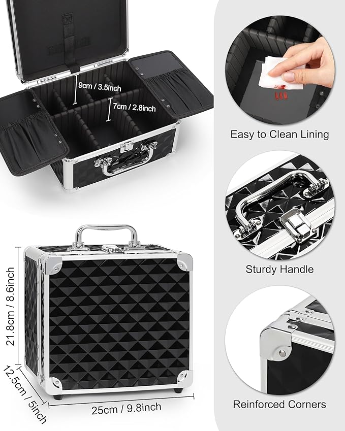 Relavel Makeup Bag with LED Mirror, Makeup Box Travel Train Case with Rechargeable Lighted Mirror, Cosmetic Brush Organizer Storage for Makeup Artists Gifts for Women and Girls (Black Quilted, Small)