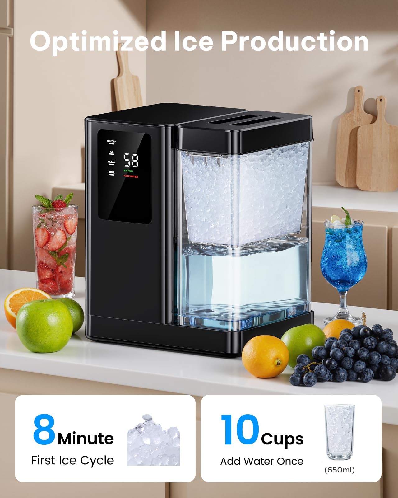 Ciays Nugget Ice Maker Countertop with 3L Detachable Water Tank and Timer Function, Pebble Ice Maker 35 lbs/24H Soft Chewable Ice, Self Cleaning Ice Machine for Kitchen, Party and Office