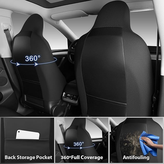 CAR PASS Nappa Leather High Back Front Seat Covers, Tesla Model 3 Model Y Breathable Faux Leather Front Bucket Seat Covers, Anti-Slip Airbag Compatible Universal Fit for Sedan SUV Van Truck, Black