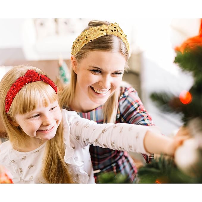 Christmas Knotted Headbands for Women Girls Non Slip Toddler Girl Sequin Headbands Wide Top Knot Head Bands Velvet Hairbands Fashion Hair Accessories for Girl (Red & Gold, 2Pcs)