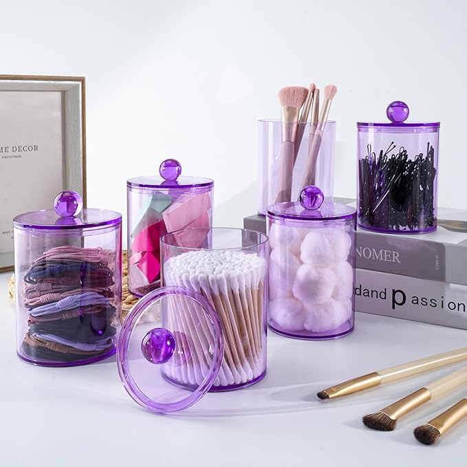 XIPENGKEJI 6 Pack Qtip Holder,Canister Apothecary Jar Set, Bathroom Jars with Lids Set for Cotton Swabs, Balls, Pads, Floss Picks,10oz-12oz Plastic Canisters Restroom Bedroom Vanity Organizer(Purple)